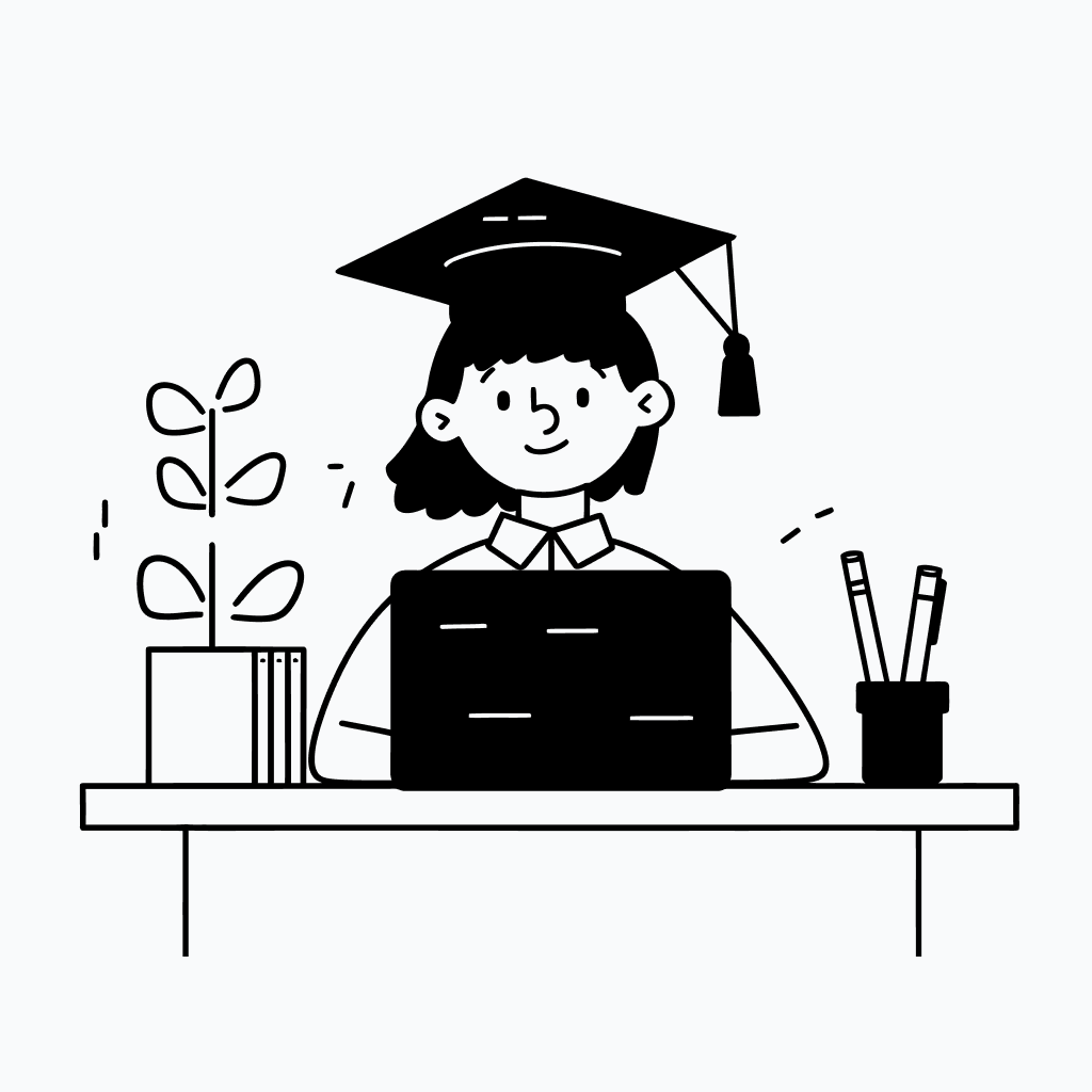 Graduate with cap at desk with books and plant